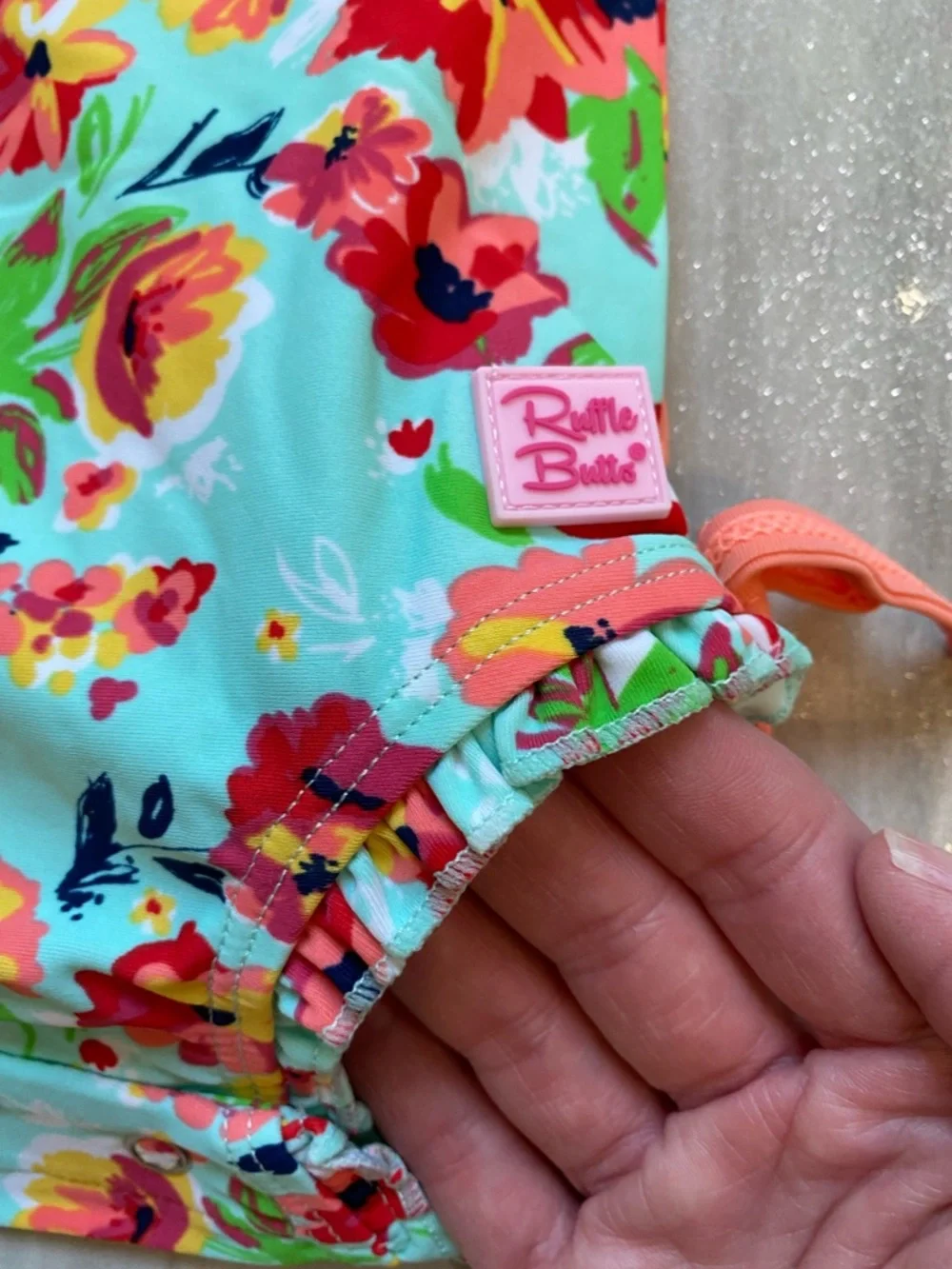NWT RuffleButts Painted Flowers Aqua Long Sleeve Rash Guard Swimsuit girls 3-6M